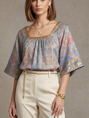 RD+Koko Blue Pink Gold Metallic Geometric Diamond Square Neck Kimono Sleeve Top